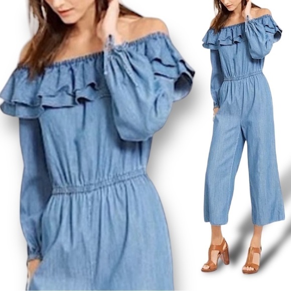 MICHAEL KORS Denim Chambray RUFFLE ON/OFF SHOULDER JUMPSUIT Small …Boho casual - Picture 14 of 15